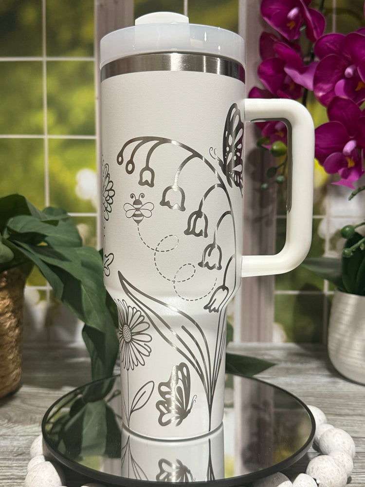 Floral Bees & Butterflies Tumbler Wrap SVG | 40oz Laser Engraving File | Rotary Engrave Digital Design | Floral SVG Design