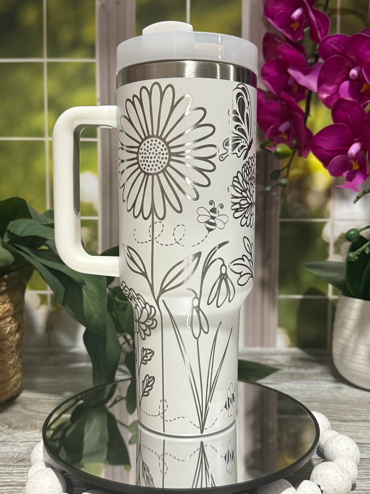 Floral Bees & Butterflies Tumbler Wrap SVG | 40oz Laser Engraving File | Rotary Engrave Digital Design | Floral SVG Design