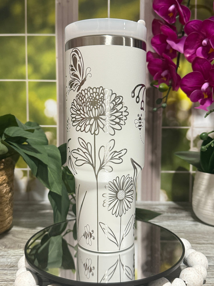 Floral Bees & Butterflies Tumbler Wrap SVG | 40oz Laser Engraving File | Rotary Engrave Digital Design | Floral SVG Design