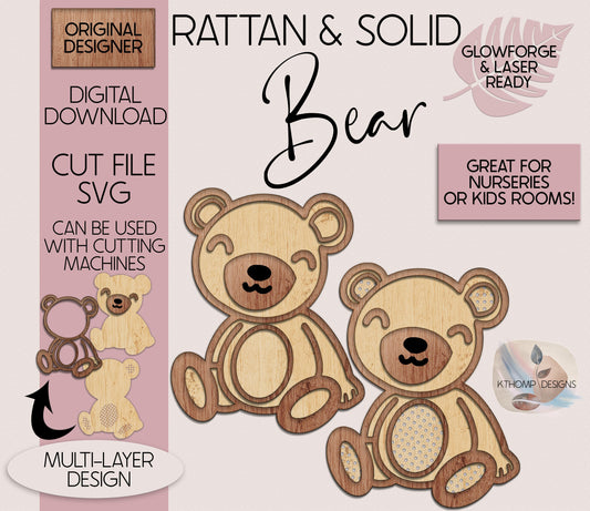 Teddy Bear Laser Cut File Cane Rattan and Solid Back SVG, Cute Teddy Bear, Boho Nursery Sign, Home Decor, Wood Nursery Decor, Glowforge