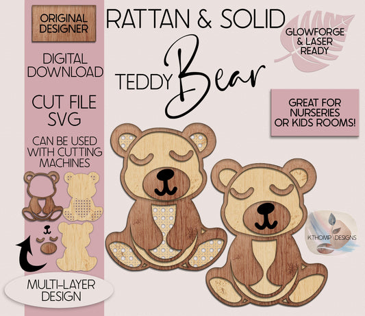 Teddy Bear Laser Cut File Cane Rattan and Solid Back SVG, Cute Teddy Bear, Boho Nursery Sign, Home Decor, Wood Nursery Decor, Glowforge