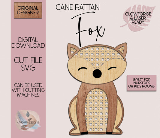 Laser Cut File Cane Rattan Fox SVG, Cute Rattan Fox, Boho Nursery Sign, Woodland Fox SVG, Wood Fox, Nursery Decor, Glowforge, XTool