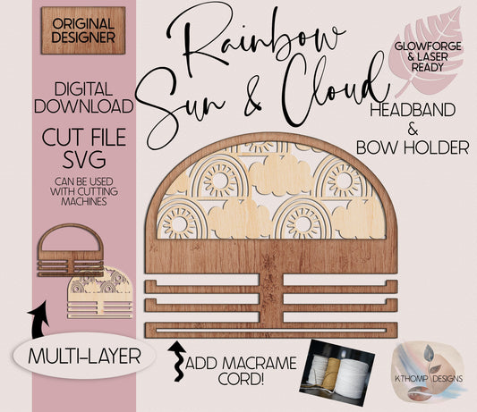 Rainbow, Sun & Cloud Headband and Bow Holder design, Digital Download, Laser Cut File, Girls Room Decor, Cheer Bow Holder, Medal Holder