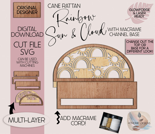 Rainbow Sun & Cloud Channel Top with Macrame Bar Digital Laser Cut File, Boho Sign, Interchangeable Sign, Hairbow Holder, SVG