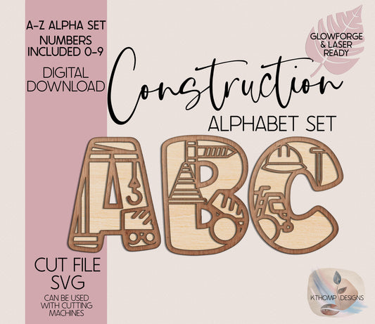Construction Alphabet SVG | Laser Cut Files A-Z & 0-9 | Digital Alphabet Set for Laser Cutting | Wood MDF Acrylic Ready | Instant Download