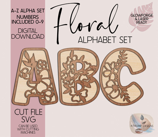 Floral Alphabet SVG | Laser Cut Files A-Z & 0-9 | Digital Alphabet Set for Laser Cutting | Wood MDF Acrylic Ready | Instant Download