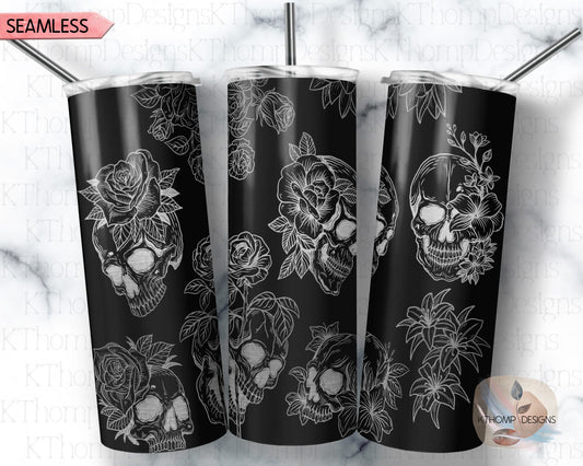 Skulls and Roses Tumbler Wrap SVG | 20oz Skinny Laser Engraving File | Rotary Engrave Digital Design | Floral SVG Design