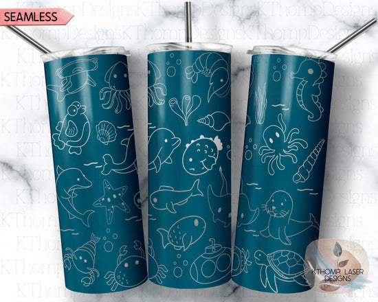 Sea Life Doodles Tumbler Wrap SVG | 20oz Skinny Laser Engraving File | Rotary Ready Digital Design | Ocean Nautical SVG