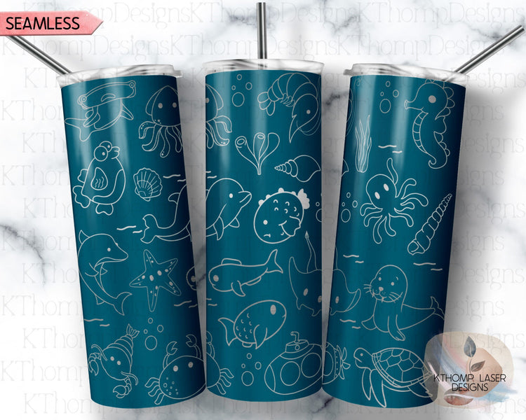 Sea Life Doodles Tumbler Wrap SVG | 20oz Skinny Laser Engraving File | Rotary Ready Digital Design | Ocean Nautical SVG
