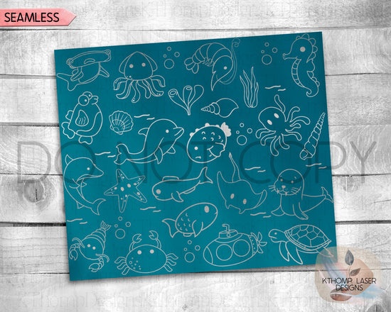 Sea Life Doodles Tumbler Wrap SVG | 20oz Skinny Laser Engraving File | Rotary Ready Digital Design | Ocean Nautical SVG