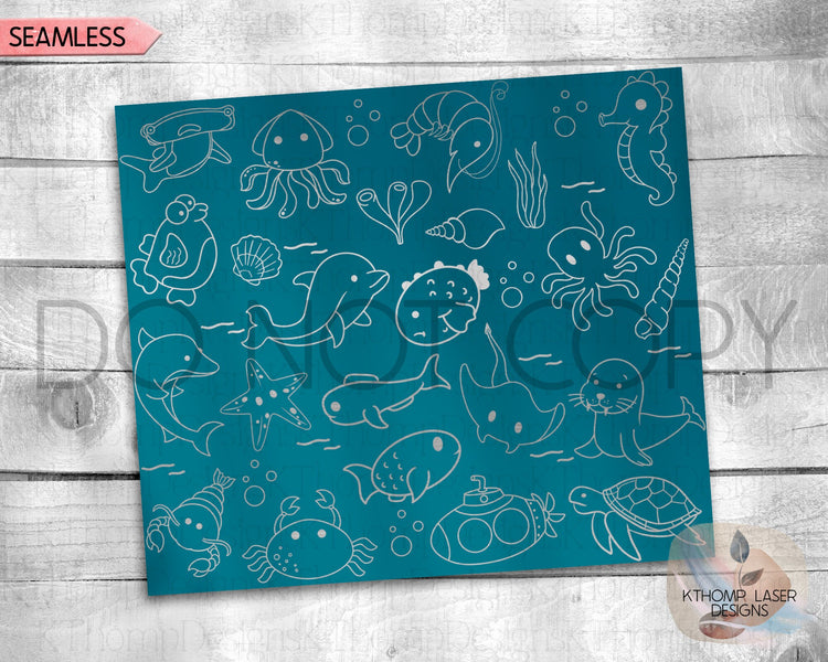 Sea Life Doodles Tumbler Wrap SVG | 20oz Skinny Laser Engraving File | Rotary Ready Digital Design | Ocean Nautical SVG