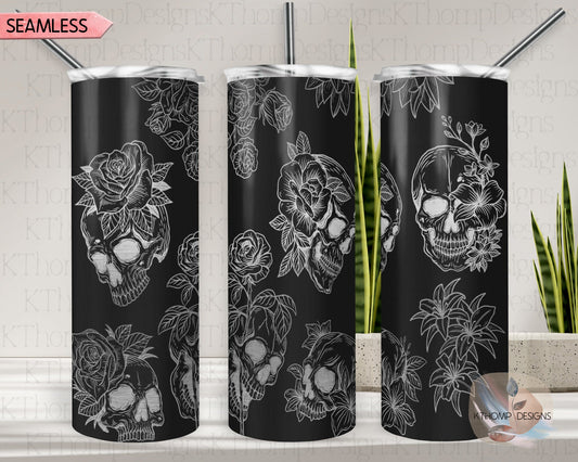 Skulls and Roses Tumbler Wrap SVG | 20oz Skinny Laser Engraving File | Rotary Engrave Digital Design | Floral SVG Design