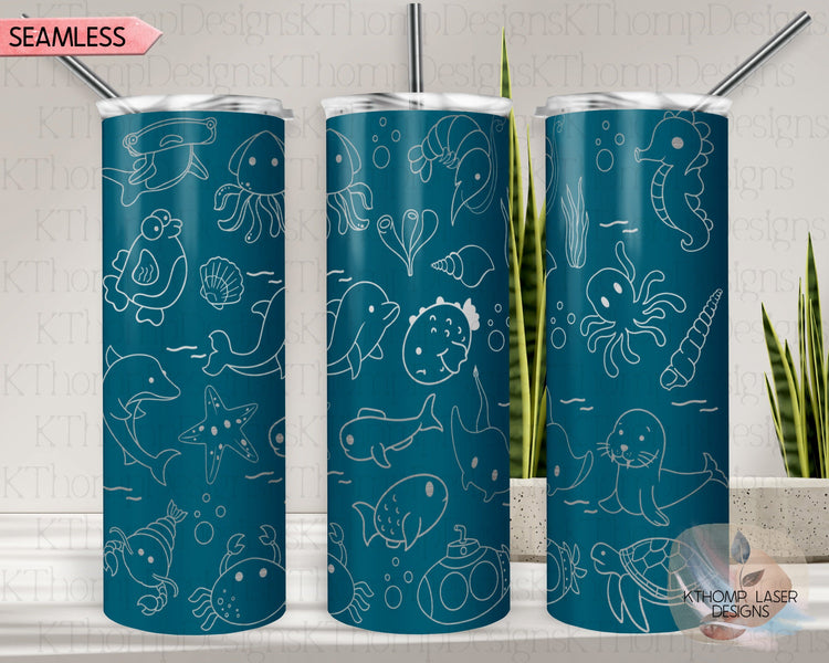 Sea Life Doodles Tumbler Wrap SVG | 20oz Skinny Laser Engraving File | Rotary Ready Digital Design | Ocean Nautical SVG