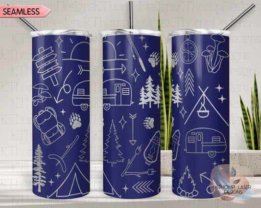 Camping Doodles Tumbler Wrap SVG | 20oz Skinny Laser Engraving File | Rotary Ready Digital Design | Outdoor Nature SVG
