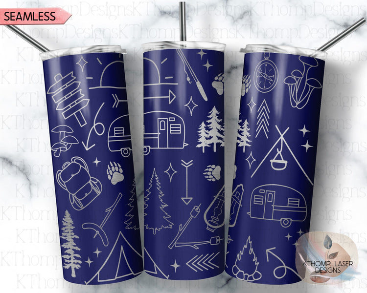 Camping Doodles Tumbler Wrap SVG | 20oz Skinny Laser Engraving File | Rotary Ready Digital Design | Outdoor Nature SVG