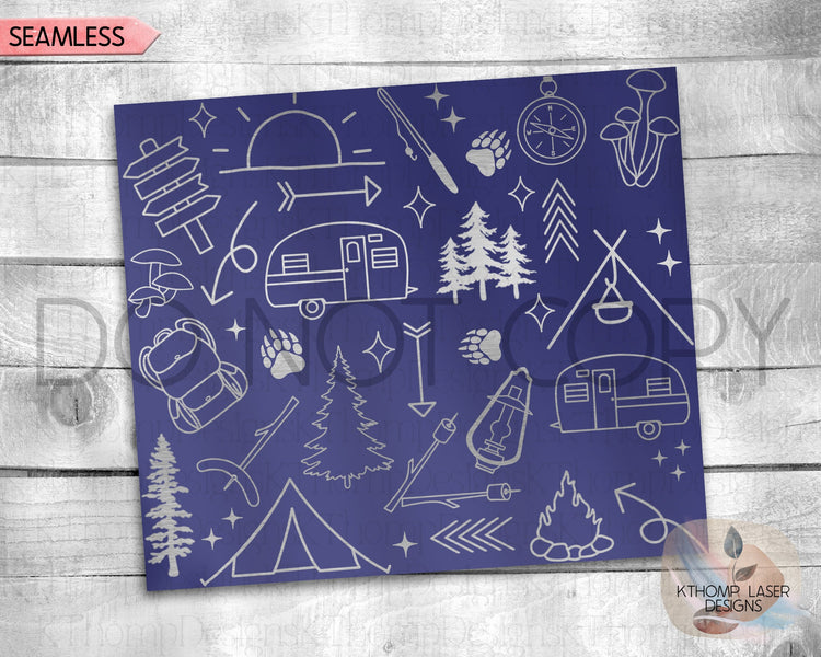 Camping Doodles Tumbler Wrap SVG | 20oz Skinny Laser Engraving File | Rotary Ready Digital Design | Outdoor Nature SVG