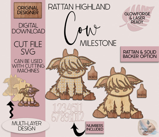Rattan Highland Cow Milestone Laser Cut File, Baby Milestone, Boho Nursery Sign, SVG, Sign for Baby Photos, Baby Shower Gift, Cow Decor
