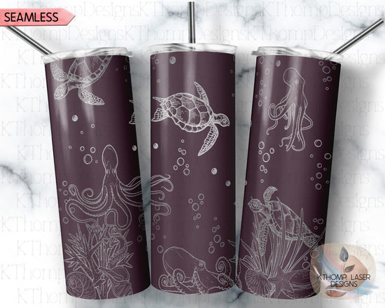 Octopus and Turtles Tumbler Wrap SVG | 20oz Skinny Laser Engraving File | Rotary Ready Digital Design | Ocean Nautical SVG