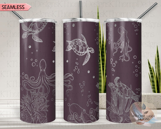 Octopus and Turtles Tumbler Wrap SVG | 20oz Skinny Laser Engraving File | Rotary Ready Digital Design | Ocean Nautical SVG