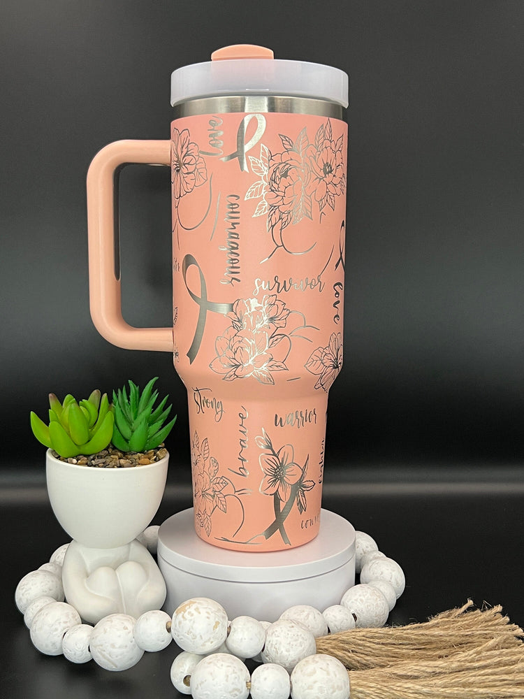 Breast Cancer Floral Tumbler Wrap SVG | 40oz Laser Engraving File | Rotary Ready Digital Design | Support Awareness SVG