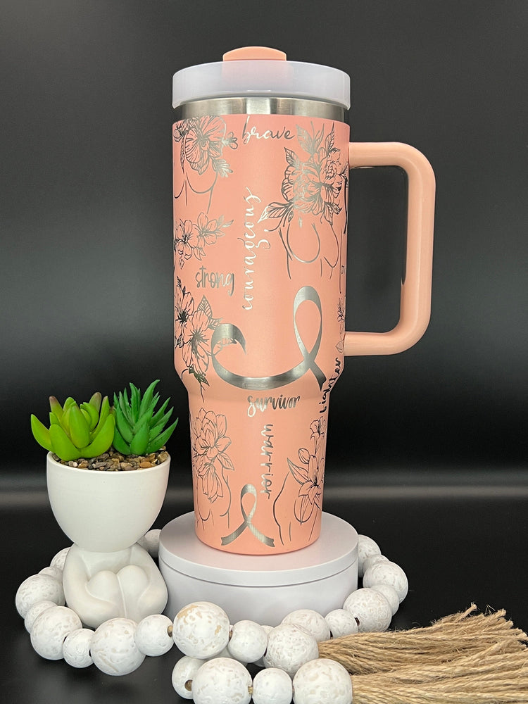 Breast Cancer Floral Tumbler Wrap SVG | 40oz Laser Engraving File | Rotary Ready Digital Design | Support Awareness SVG