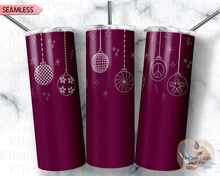 Retro Christmas Ornaments Holiday Tumbler Wrap SVG | 20oz Skinny Laser Engraving File | Rotary Ready Digital Design | Seasonal SVG