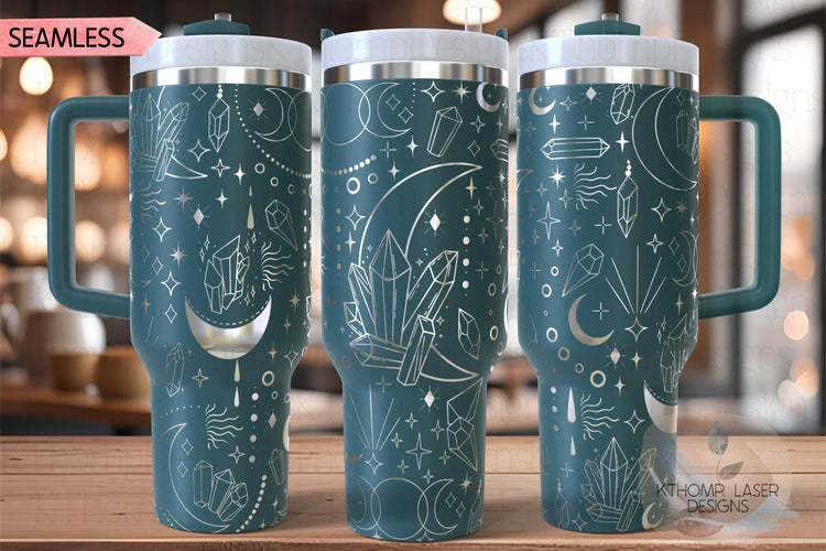 Crystals and Moons Tumbler Wrap SVG | 40oz Laser Engraving File | Rotary Ready Digital Design | Zodiac Boho SVG