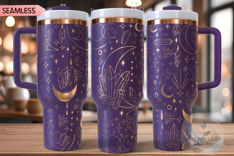 Crystals and Moons Tumbler Wrap SVG | 40oz Laser Engraving File | Rotary Ready Digital Design | Zodiac Boho SVG