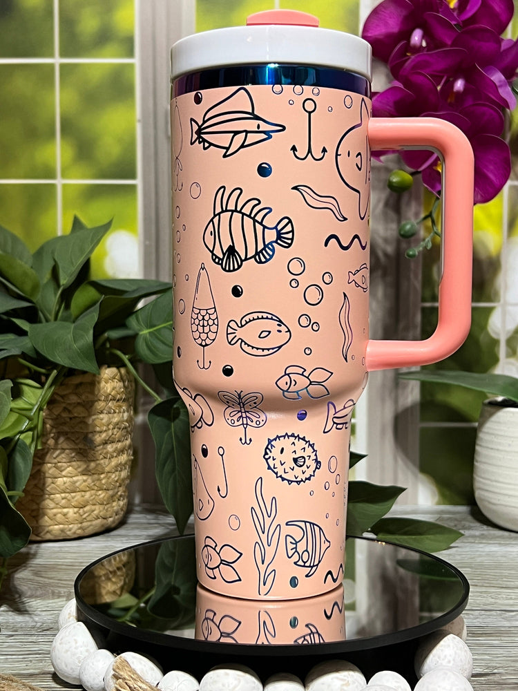 Cute Fish Doodles Tumbler Wrap SVG | 40oz Laser Engraving File | Rotary Ready Digital Design | Ocean Nautical SVG