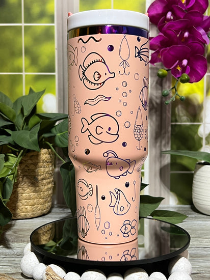 Cute Fish Doodles Tumbler Wrap SVG | 40oz Laser Engraving File | Rotary Ready Digital Design | Ocean Nautical SVG