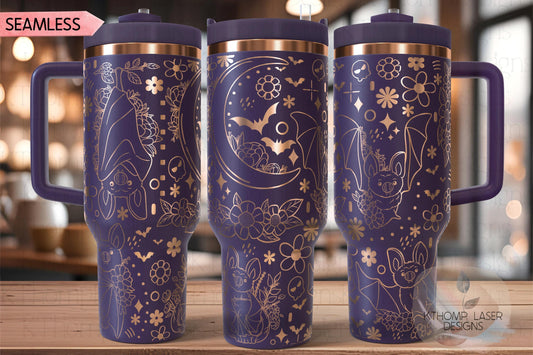Floral Bats Halloween Spooky Holiday Tumbler Wrap SVG | 40oz Laser Engraving File | Rotary Ready Digital Design | Seasonal SVG