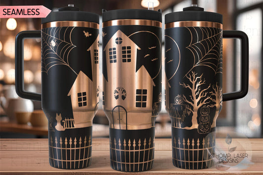 Halloween Spooky Night Haunted House Holiday Tumbler Wrap SVG | 40oz Laser Engraving File | Rotary Ready Digital Design | Seasonal SVG
