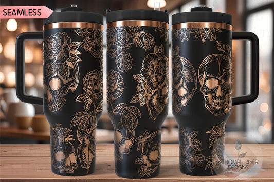 Skulls and Roses Tumbler Wrap SVG | 40oz Laser Engraving File | Rotary Engrave Digital Design | Floral SVG Design