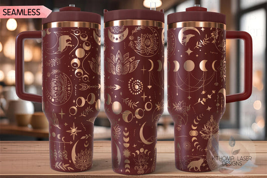 Boho Wolves Moons & Lotus Tumbler Wrap SVG | 40oz Laser Engraving File | Rotary Ready Digital Design | Zodiac Boho SVG
