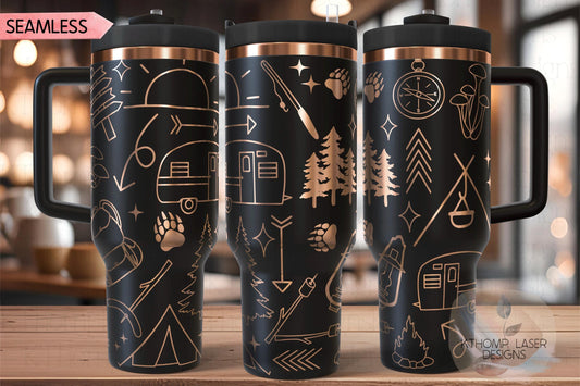 Camping Doodles Tumbler Wrap SVG | 40oz Laser Engraving File | Rotary Ready Digital Design | Outdoor Nature SVG