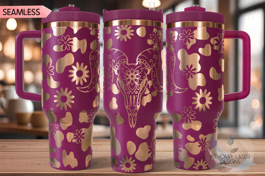 Boho Cow Skull Western Tumbler Wrap SVG | 40oz Laser Engraving File | Rotary Ready Digital Design | Western Farm SVG