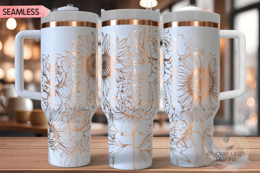 Peonies and Sunflowers Tumbler Wrap SVG | 40oz Laser Engraving File | Rotary Engrave Digital Design | Floral SVG Design