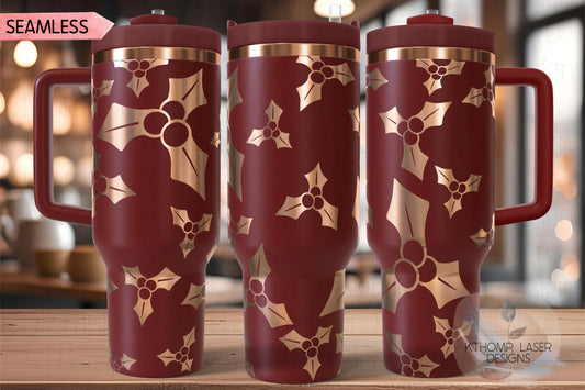 Holly Berries Christmas Holiday Holiday Tumbler Wrap SVG | 40oz Laser Engraving File | Rotary Ready Digital Design | Seasonal SVG