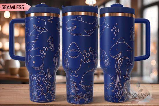 Cute Sharks Ocean Life Tumbler Wrap SVG | 40oz Laser Engraving File | Rotary Ready Digital Design | Ocean Nautical SVG