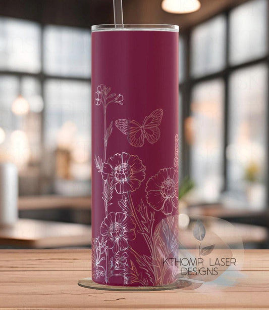 Butterflies and Blooms Tumbler Wrap SVG | 20oz Skinny Laser Engraving File | Rotary Engrave Digital Design | Floral SVG Design