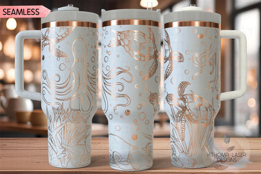 Octopus and Turtles Tumbler Wrap SVG | 40oz Laser Engraving File | Rotary Ready Digital Design | Ocean Nautical SVG