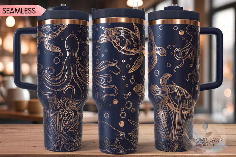 Octopus and Turtles Tumbler Wrap SVG | 40oz Laser Engraving File | Rotary Ready Digital Design | Ocean Nautical SVG