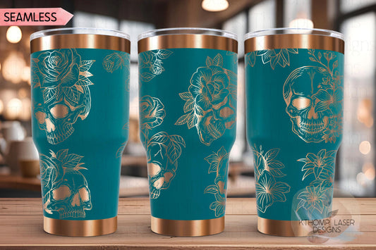 Skulls and Roses Tumbler Wrap SVG | 20oz and 30oz Laser Engraving File | Rotary Engrave Digital Design | Floral SVG Design