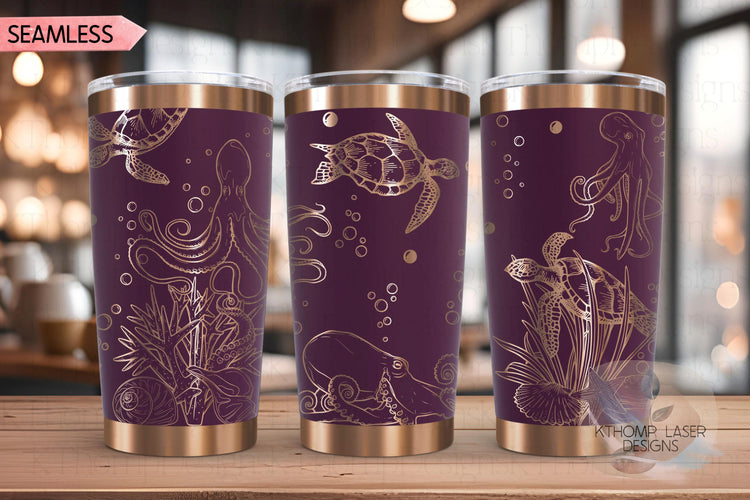 Octopus and Turtles Tumbler Wrap SVG | 20oz and 30oz Laser Engraving File | Rotary Ready Digital Design | Ocean Nautical SVG