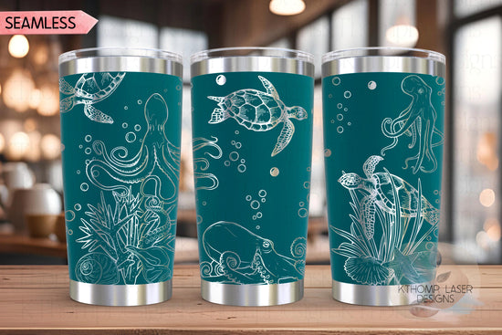 Octopus and Turtles Tumbler Wrap SVG | 20oz and 30oz Laser Engraving File | Rotary Ready Digital Design | Ocean Nautical SVG