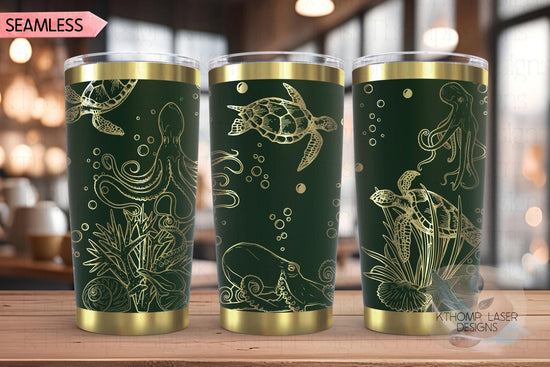 Octopus and Turtles Tumbler Wrap SVG | 20oz and 30oz Laser Engraving File | Rotary Ready Digital Design | Ocean Nautical SVG