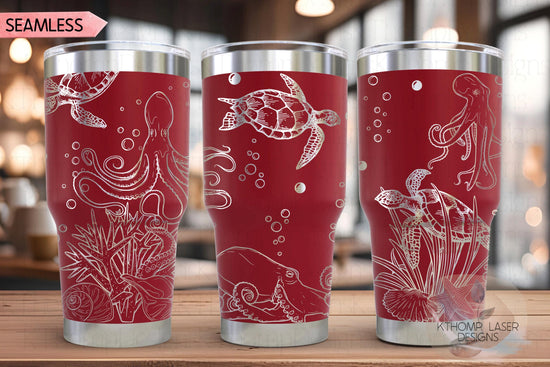 Octopus and Turtles Tumbler Wrap SVG | 20oz and 30oz Laser Engraving File | Rotary Ready Digital Design | Ocean Nautical SVG