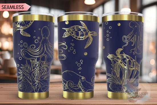 Octopus and Turtles Tumbler Wrap SVG | 20oz and 30oz Laser Engraving File | Rotary Ready Digital Design | Ocean Nautical SVG