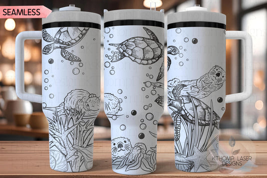 Otters and Turtles Tumbler Wrap SVG | 40oz Laser Engraving File | Rotary Ready Digital Design | Ocean Nautical SVG