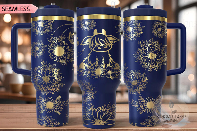 Highland Cow Floral Tumbler Wrap SVG | 40oz Laser Engraving File | Rotary Ready Digital Design | Western Farm SVG